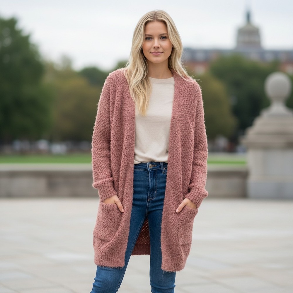 Love Tree Rose Pink Popcorn Eyelash Knit Longline Open Front Cardigan Large